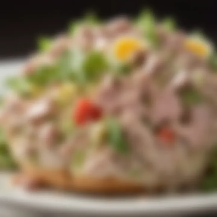 Close-up of a spoonful of tuna salad showcasing its texture