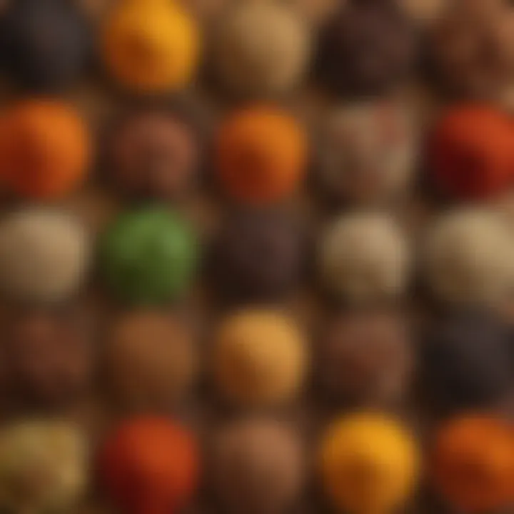 A close-up view showcasing the texture and colors of spices