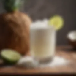A refreshing coconut margarita in a glass adorned with a lime wedge and coconut flakes