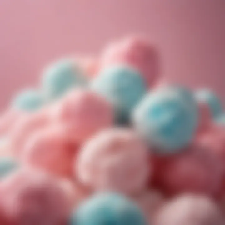 Close-up of fluffy cotton candy in various colors.