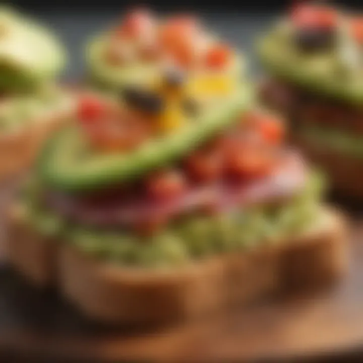 A close-up of avocado toast layered with colorful toppings, highlighting texture and freshness.