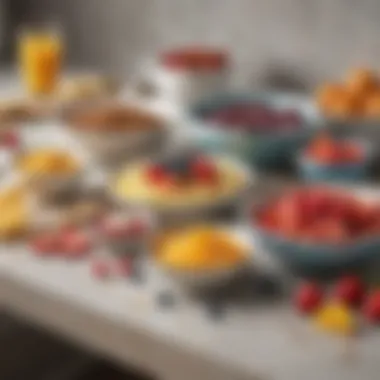 Colorful Breakfast Ingredients A vibrant array of breakfast ingredients neatly arranged on a kitchen counter.