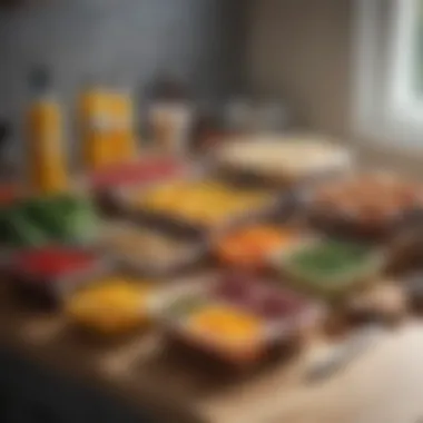 An efficient meal prep setup with containers filled with prepped breakfast items.