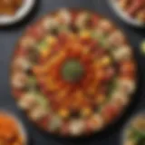 A beautifully arranged platter of assorted hors d'oeuvres showcasing vibrant colors and diverse textures.