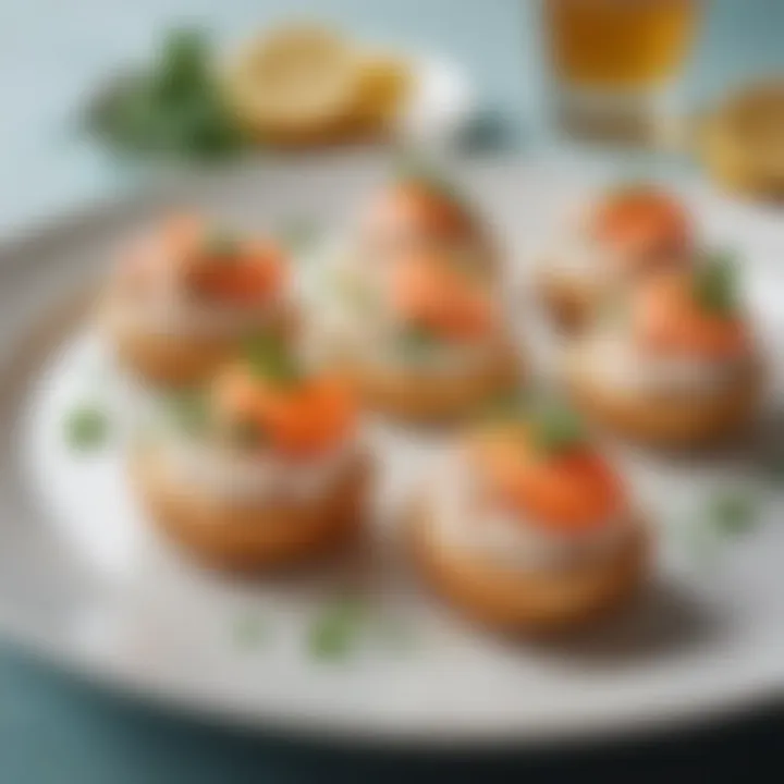 An elegant presentation of seafood hors d'oeuvres garnished with fresh herbs and citrus.