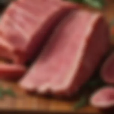 A close-up of thickly sliced corned beef with spices and herbs.