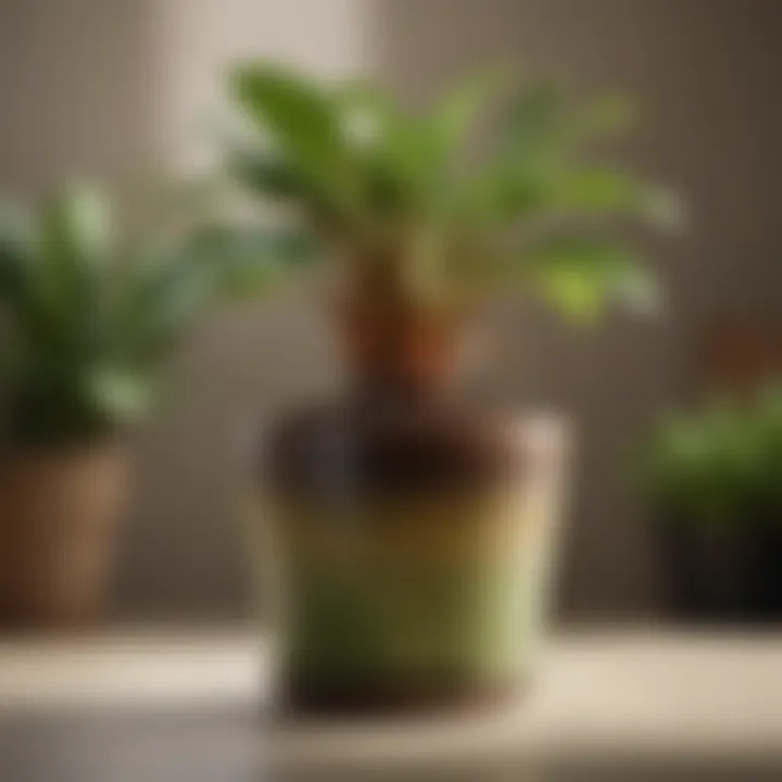 Close-up view of a healthy potted plant with rich soil and greenery