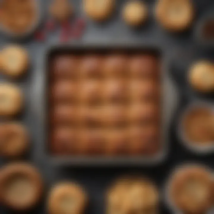 Square metal baking pan surrounded by various baked goods