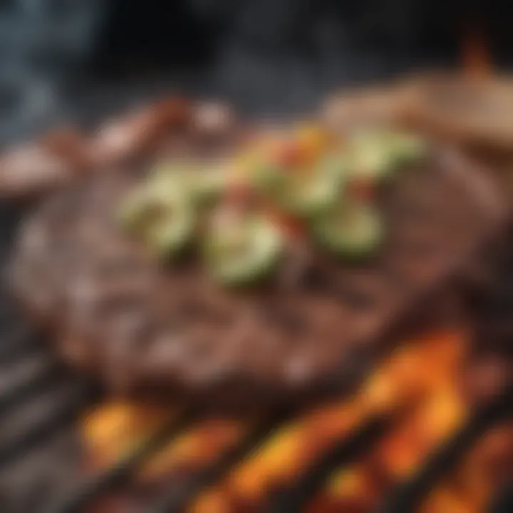 Sizzling carne asada on a grill with smoke and flames