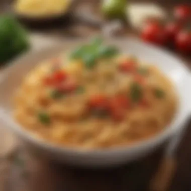 A vibrant bowl of spaghetti garnished with herbs and cheese, ready to be enjoyed