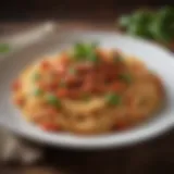 A beautifully plated dish of spaghetti with rich tomato sauce and fresh basil