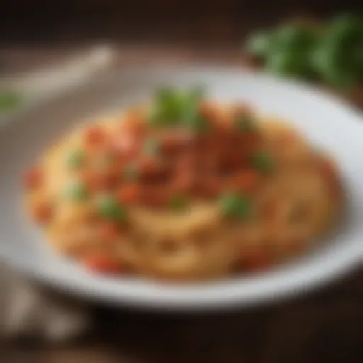 A beautifully plated dish of spaghetti with rich tomato sauce and fresh basil