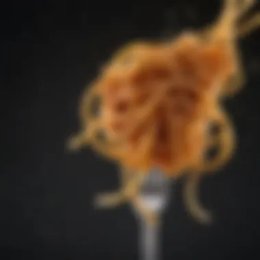 An elegant close-up of spaghetti twirled on a fork, showcasing its texture and flavor