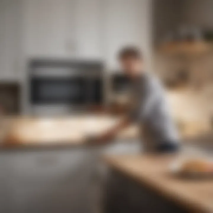 Person performing maintenance on an under-cabinet microwave, ensuring functionality