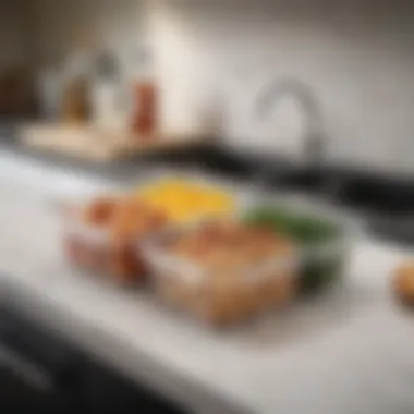 Lifestyle shot of a three-section food container on a modern kitchen counter