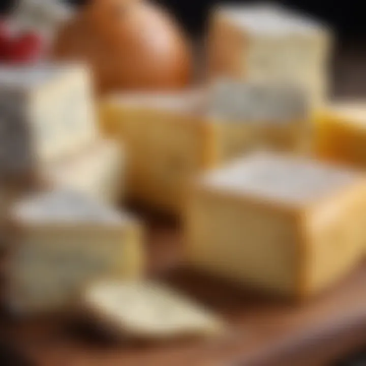 A close-up of artisanal cheeses showcasing unique textures and colors.
