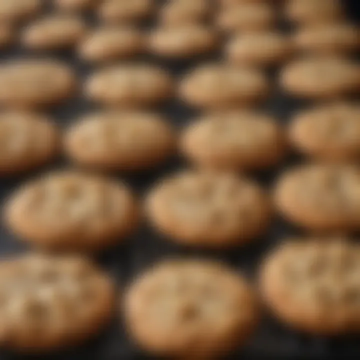 An overhead view of crispy cookies cooling on a wire rack, highlighting their uniformity.