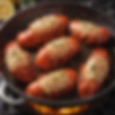 A frying pan with lobster tails being cooked