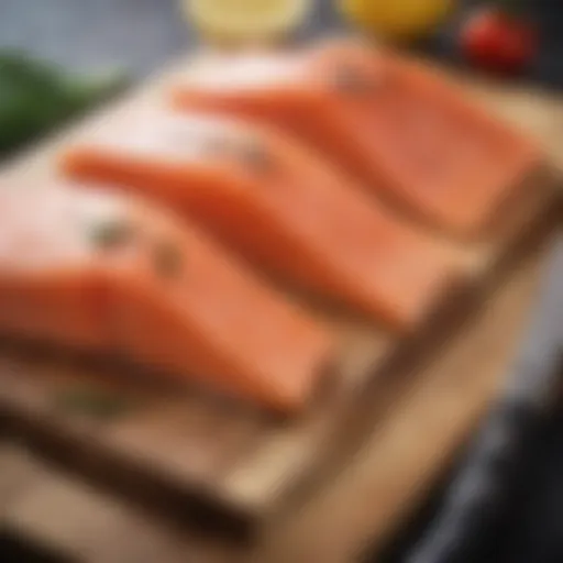 Freshly selected salmon fillets on a cutting board