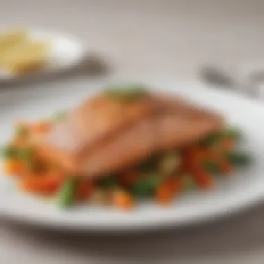 A beautifully plated salmon steak garnished with vegetables