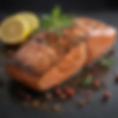 A variety of spices and herbs arranged around salmon steaks