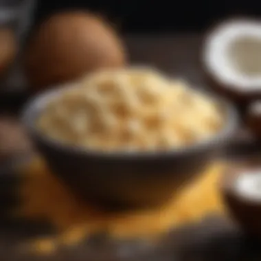 A bowl filled with coconut flour surrounded by fresh coconuts