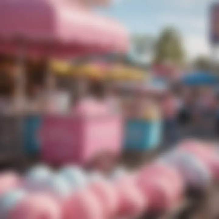 A vibrant cotton candy cart at a bustling fair.