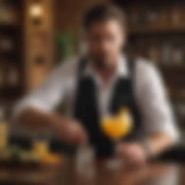 An elegant bar scene featuring a bartender expertly crafting a cocktail with Malibu rum and pineapple juice.