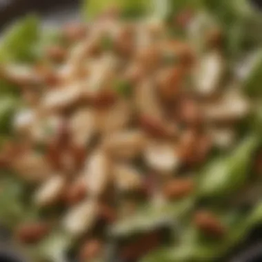 Close-Up of Flavorful Almonds on Salad Close-up of almond-topped chicken salad