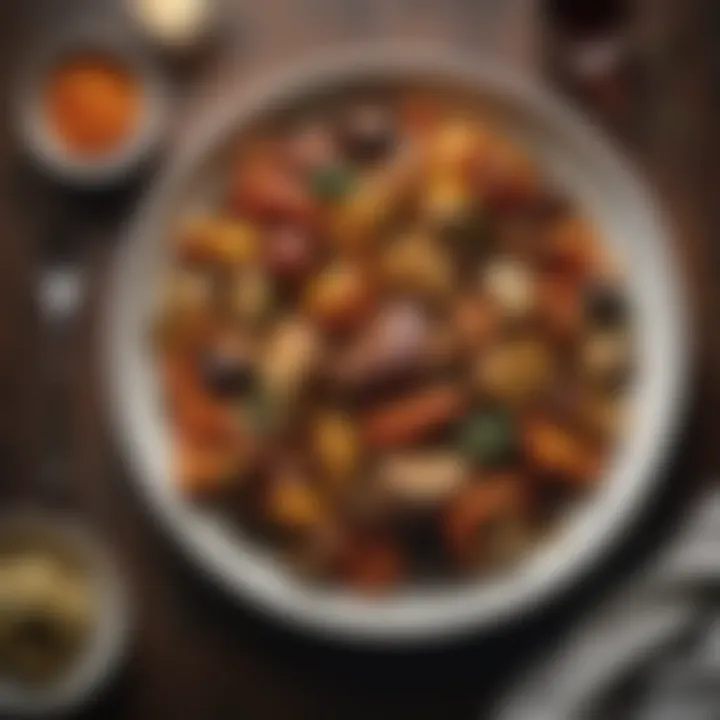 A hearty dish of roasted vegetables and protein beautifully plated