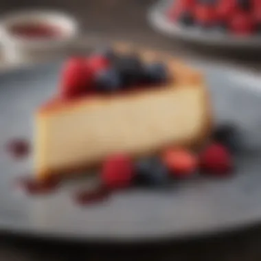 A beautifully plated small cheesecake with fresh berries on top