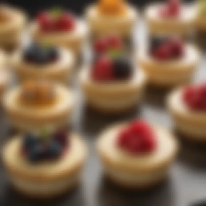 An assortment of small cheesecakes showcasing different flavors and toppings