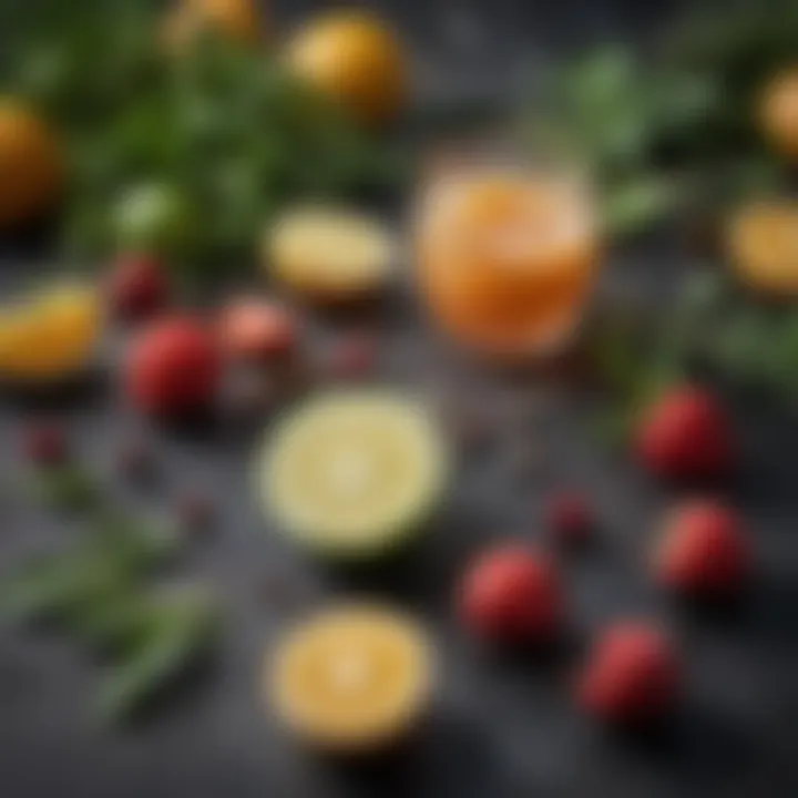 A close-up view of fresh ingredients like herbs, fruits, and spices used in mocktail crafting.