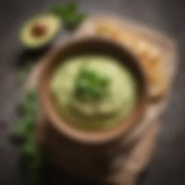 A bowl of creamy avocado dressing with herbs