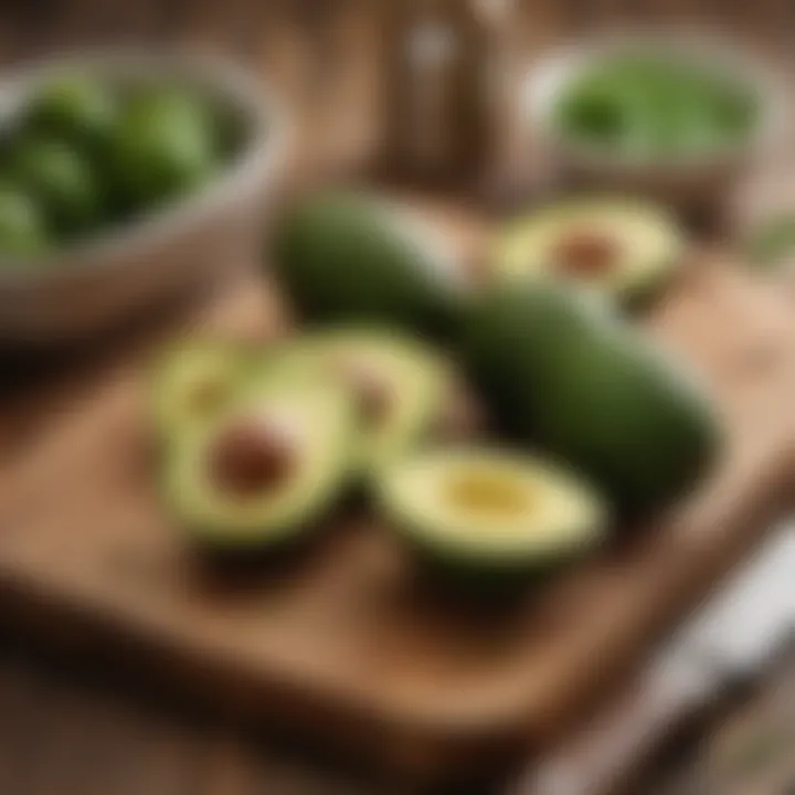 Fresh avocados on a wooden cutting board