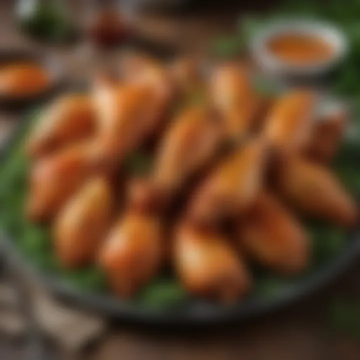 Juicy chicken wings on a platter garnished with fresh herbs