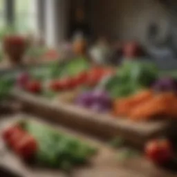 A colorful assortment of fresh vegetables and herbs laid out on a rustic kitchen counter.