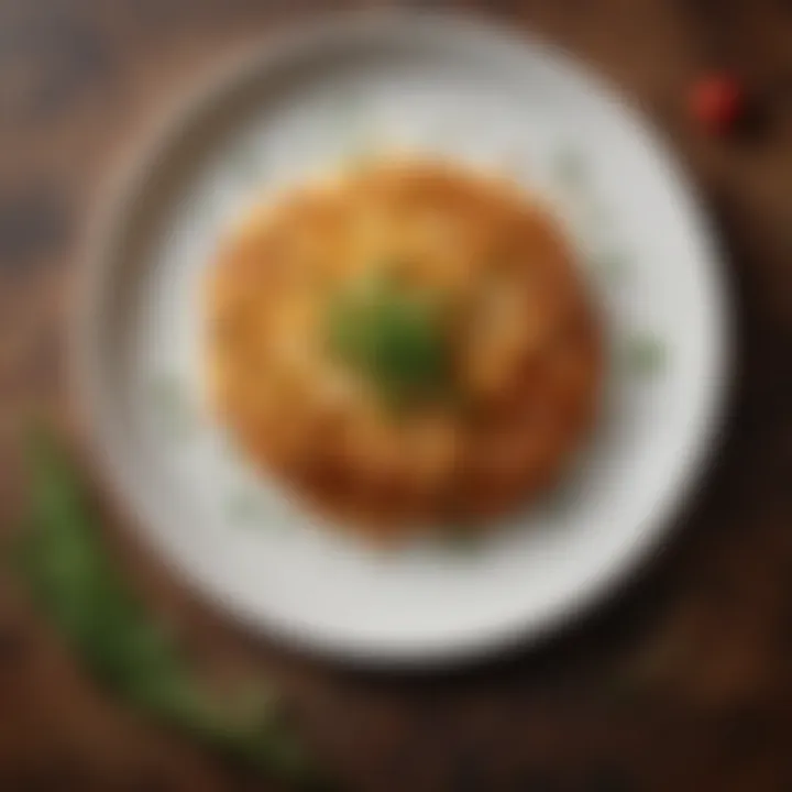 Close-up of crispy hash browns on a plate garnished with herbs