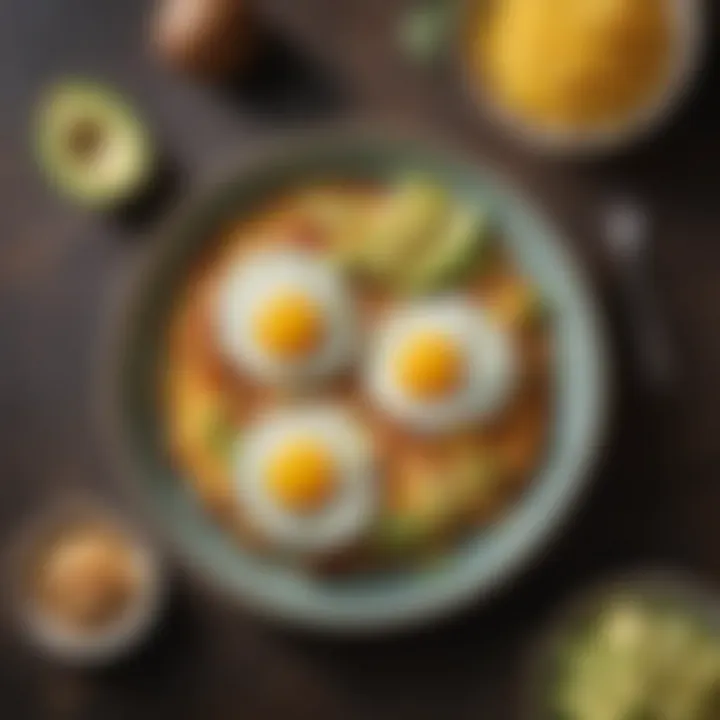 A dish of hash browns paired with eggs and avocado