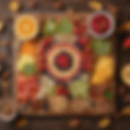 A vibrant array of sliced fruits and nuts arranged on a wooden board, showcasing colorful healthy snack options.