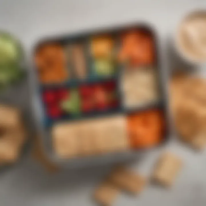A packed lunchbox filled with assorted healthy snacks including vegetable sticks, hummus, and whole grain crackers.