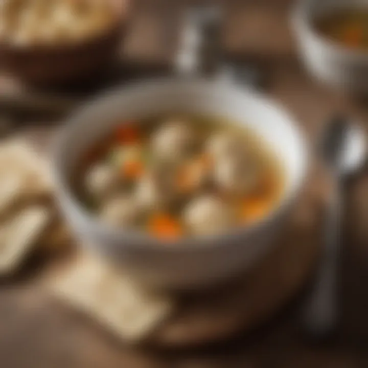 A beautifully plated bowl of finished matzo ball soup