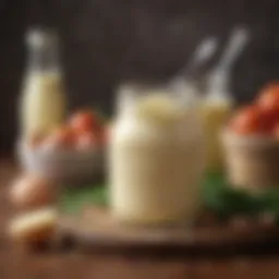 Homemade mayonnaise in a glass jar with fresh ingredients.