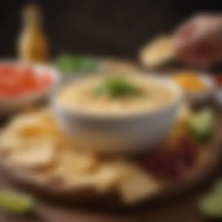 A gourmet presentation of queso with garnishes and sides