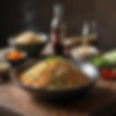 An array of essential ingredients for fried rice displayed on a kitchen counter