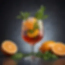 A vibrant cocktail garnished with fresh herbs and citrus.