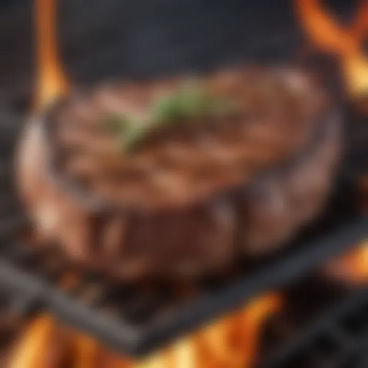 Close-up of a sizzle on the grill with perfectly charred steak