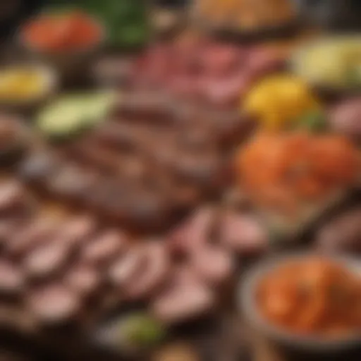 Colorful spread of barbecue ingredients showcasing fresh meats and vegetables