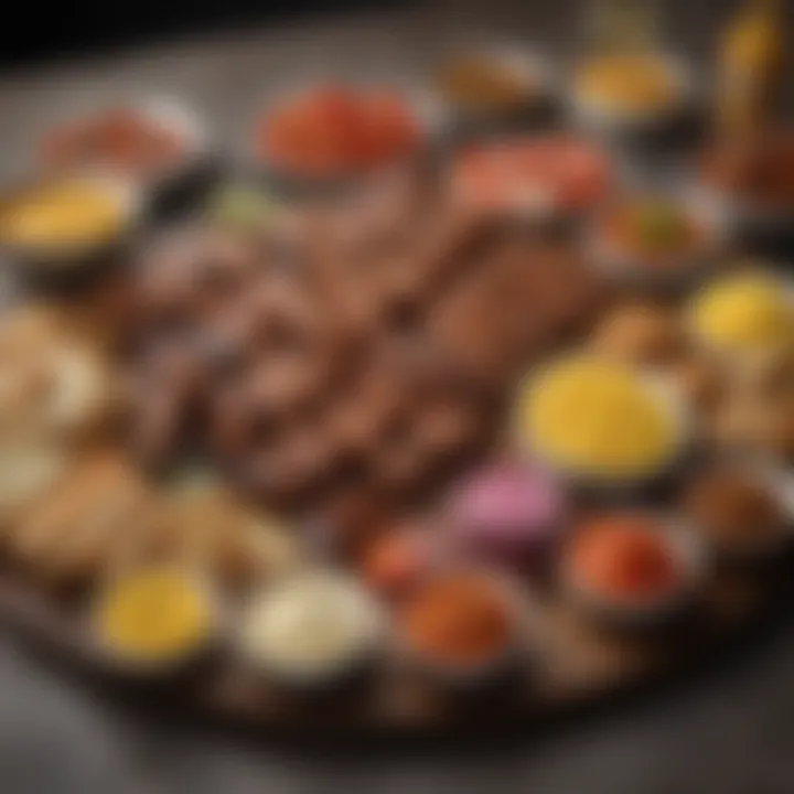 A beautifully arranged barbecue platter with sides and sauces