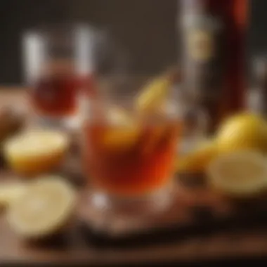 Ingredients arranged neatly for making a hot toddy: whiskey, honey, lemon, and hot water.